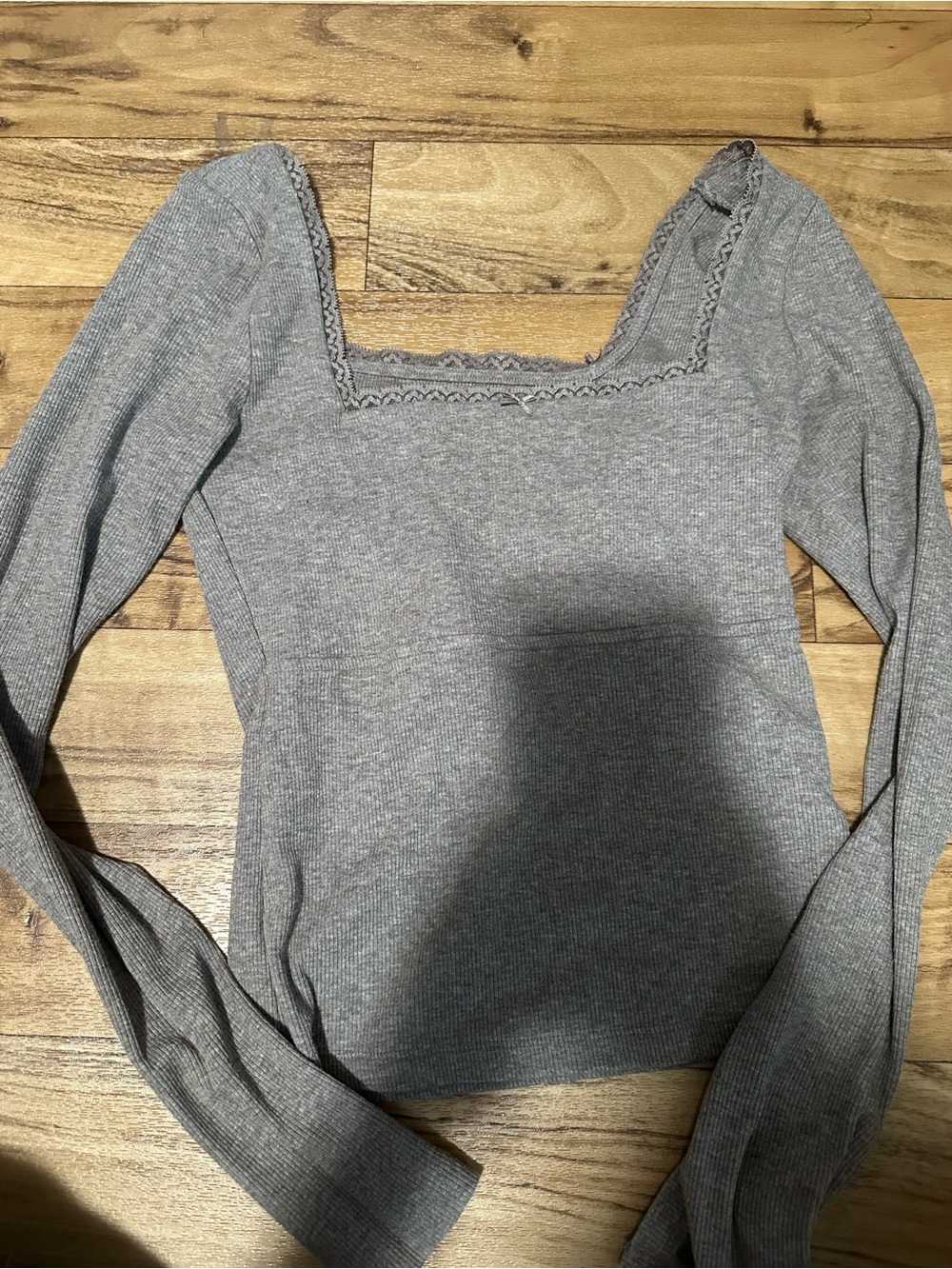 Brown Square-Neck Ribbed Long-Sleeve Top